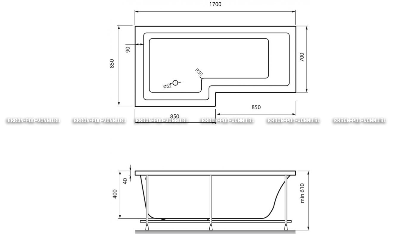 Акриловая ванна Vayer Options 170х70/85 – купить по цене 24110 руб. в интернет-магазине в городе Уфа картинка 13